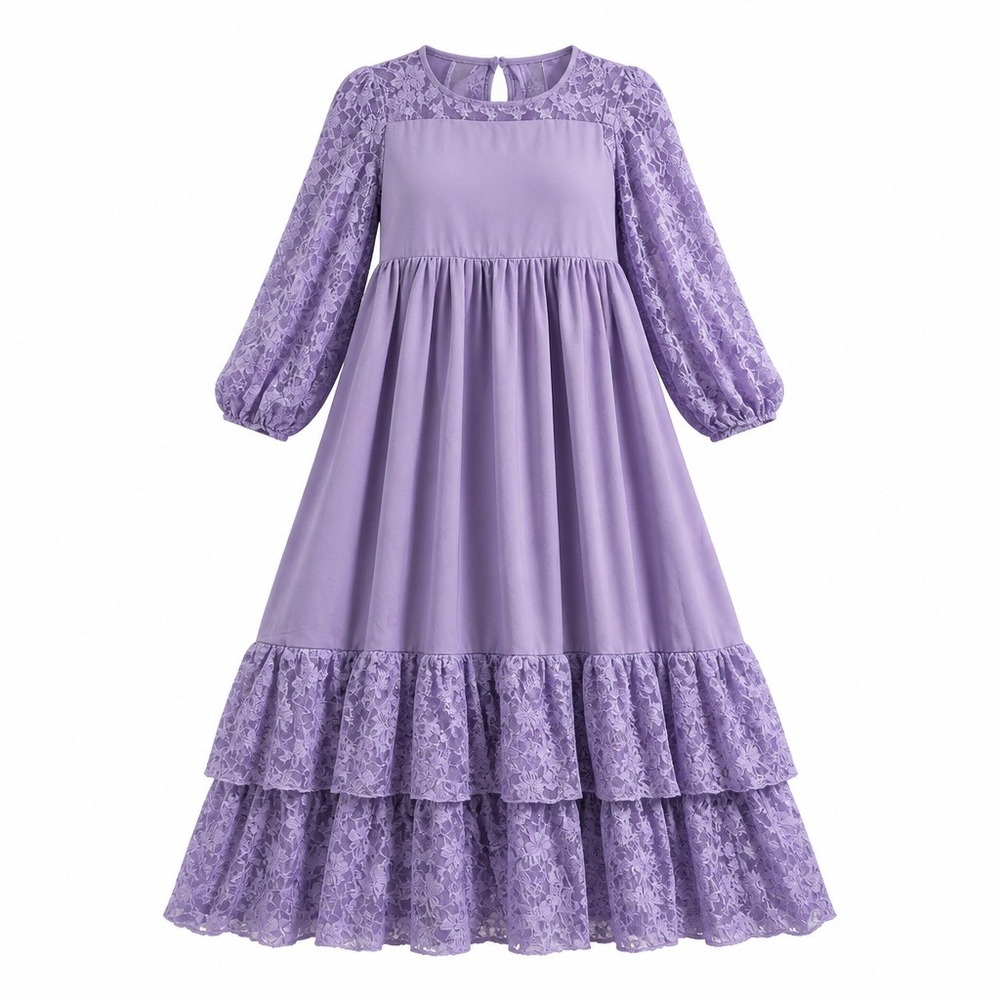 Mitilly Girls Purple Lace Long Sleeve Tiered Maxi Dress Lavender XL